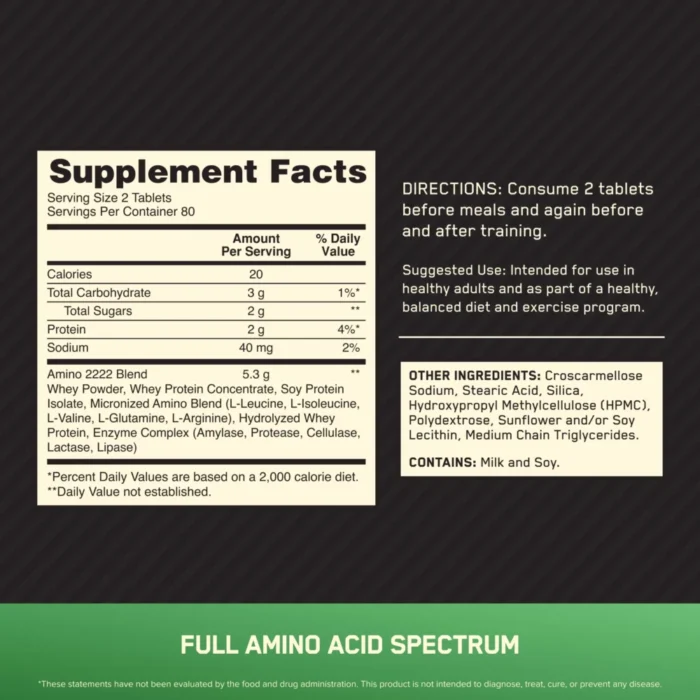 ⁦Optimum Nutrition, Superior Amino 2222, 160 Tablets, 80 Servings⁩ - الصورة ⁦2⁩